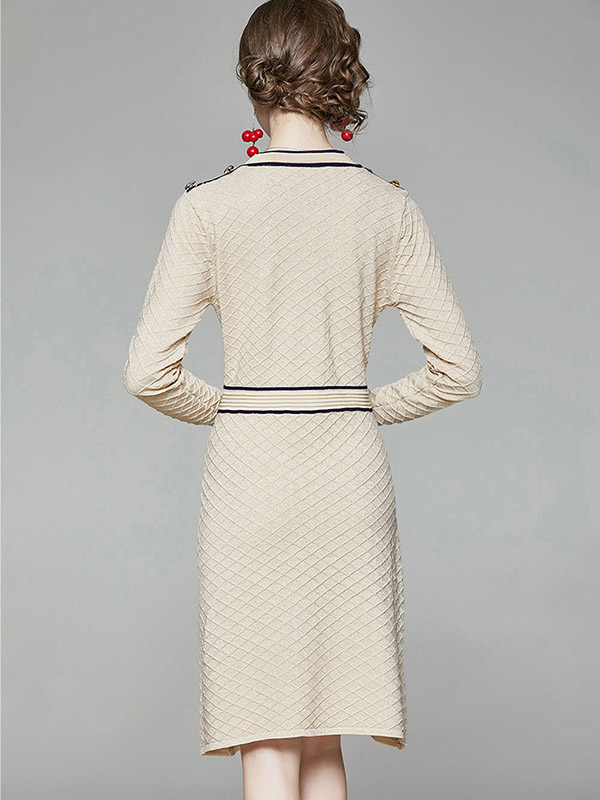 Apricot Round Neck Check Knit A-line Dress 