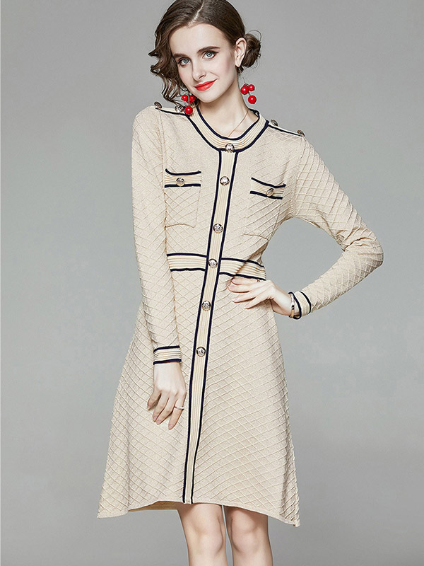 Apricot Round Neck Check Knit A-line Dress 