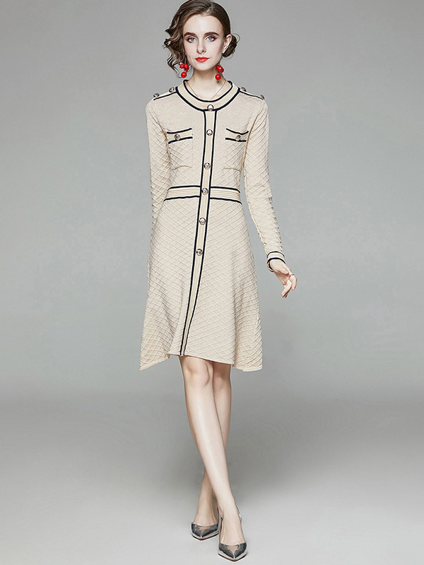 Apricot Round Neck Check Knit A-line Dress 