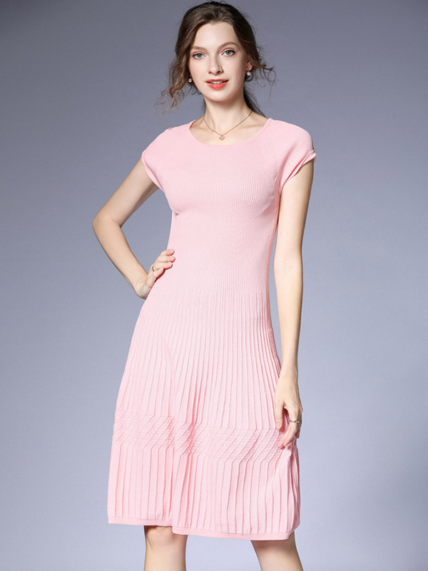 Pink Cap Sleeve Pleated Knit Dress