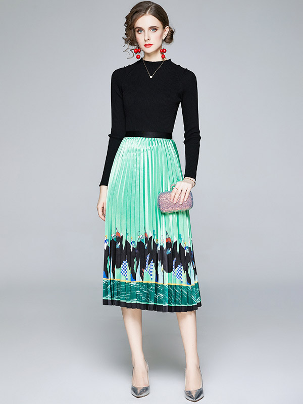 Green Floral Print Pleated Knit Dress