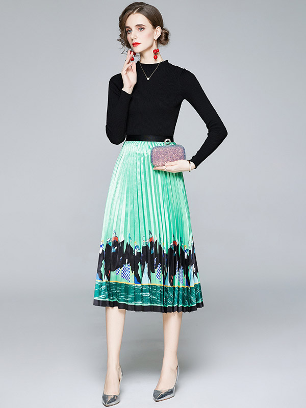 Green Floral Print Pleated Knit Dress