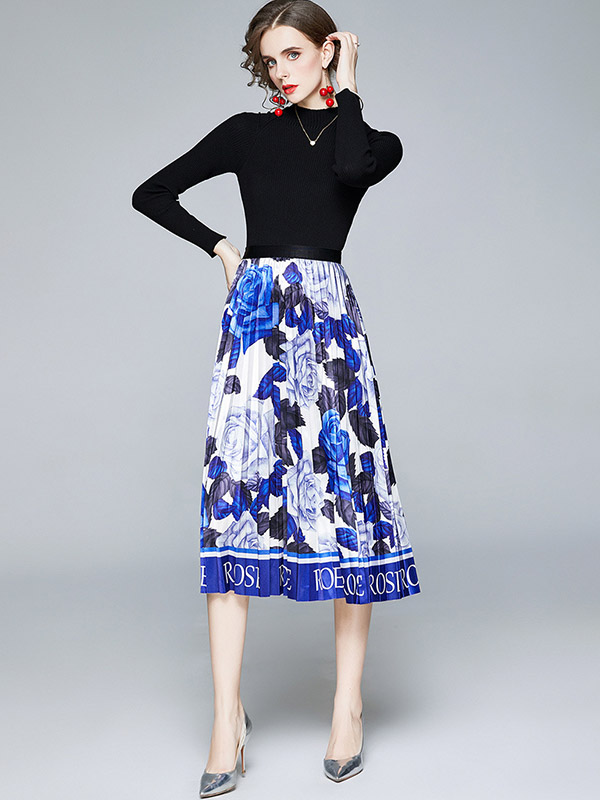 Blue Floral Print Pleated Knit Dress