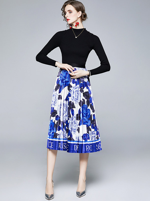 Blue Floral Print Pleated Knit Dress