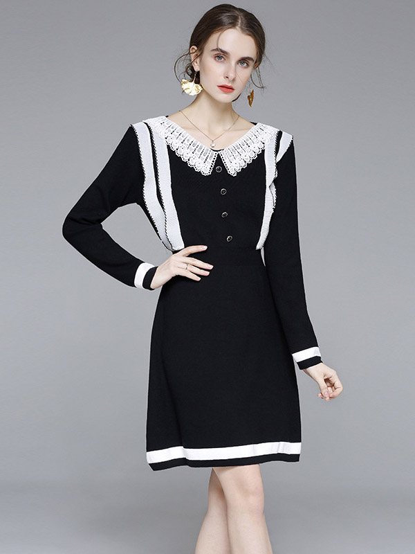 Black Strip Knit Dress with Lace Collar