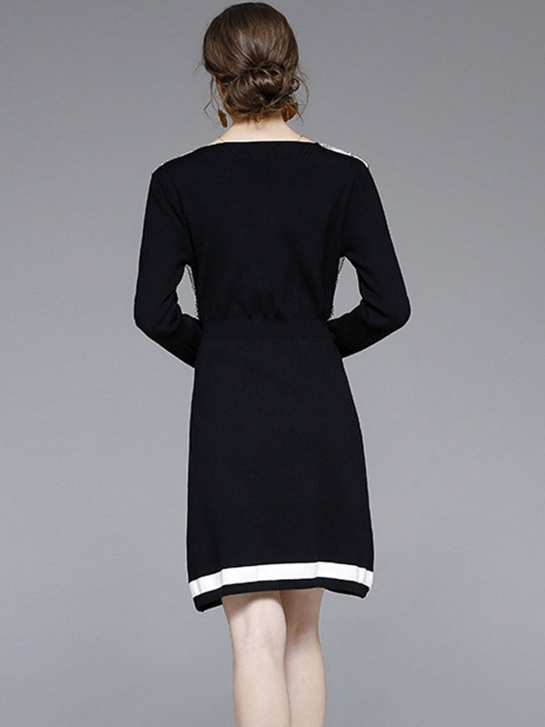 Black Strip Knit Dress with Lace Collar