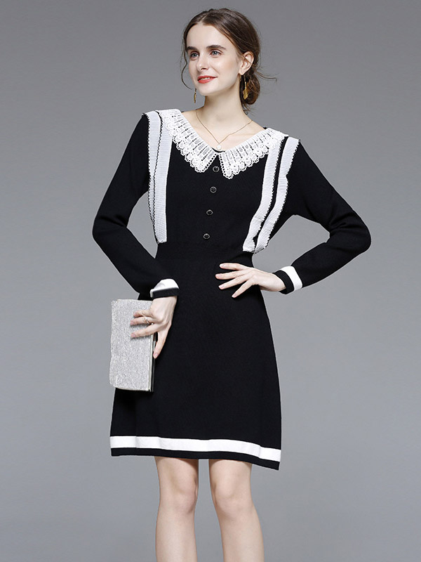 Black Strip Knit Dress with Lace Collar