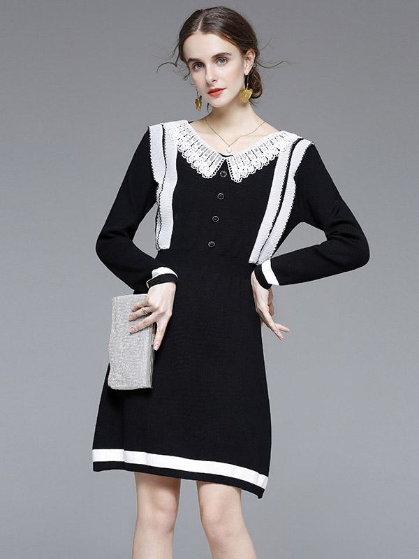 Black Strip Knit Dress with Lace Collar