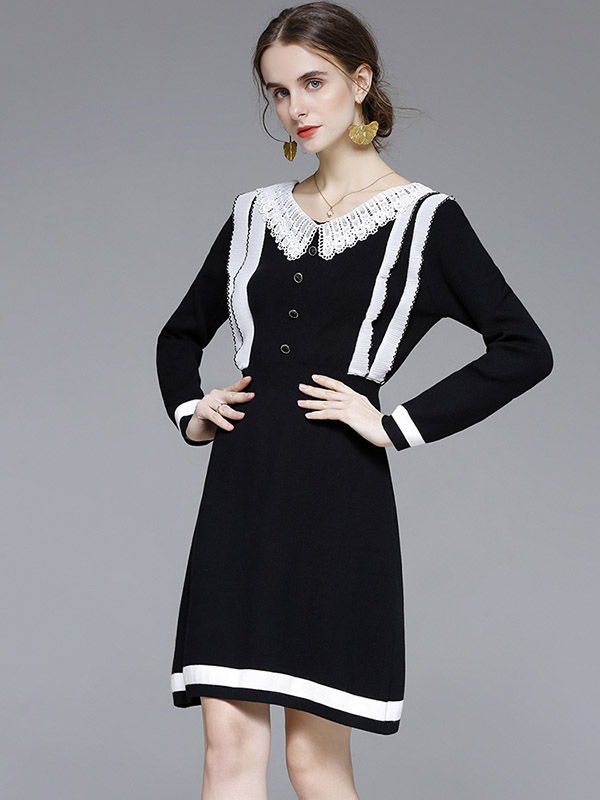 Black Strip Knit Dress with Lace Collar