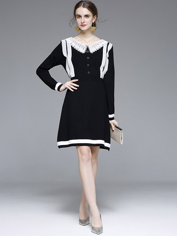 Black Strip Knit Dress with Lace Collar