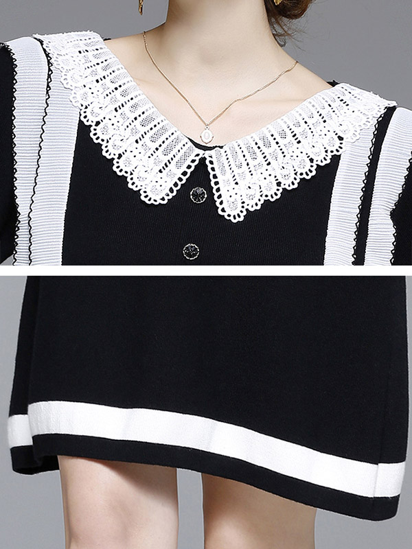 Black Strip Knit Dress with Lace Collar