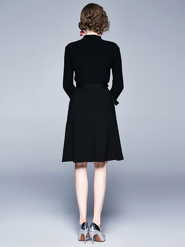 Black High Neck knit Dress with Bowknot Waist