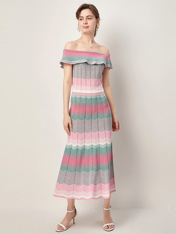 Pink Off the Shoulder Striped Maxi Dress with Ruffle Detail