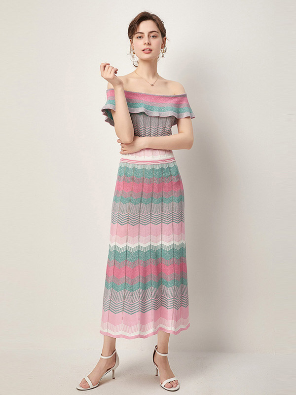 Pink Off the Shoulder Striped Maxi Dress with Ruffle Detail