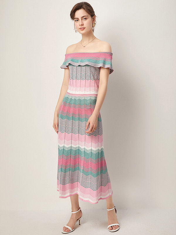 Pink Off the Shoulder Striped Maxi Dress with Ruffle Detail