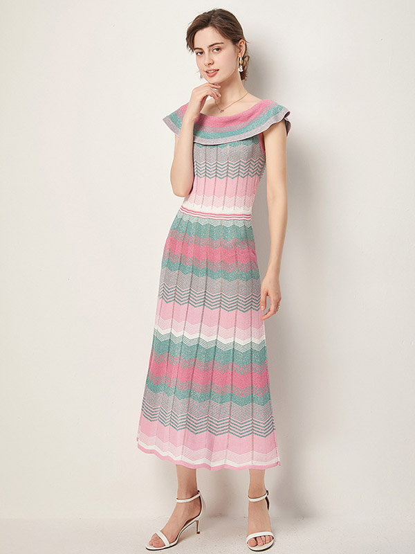 Pink Off the Shoulder Striped Maxi Dress with Ruffle Detail