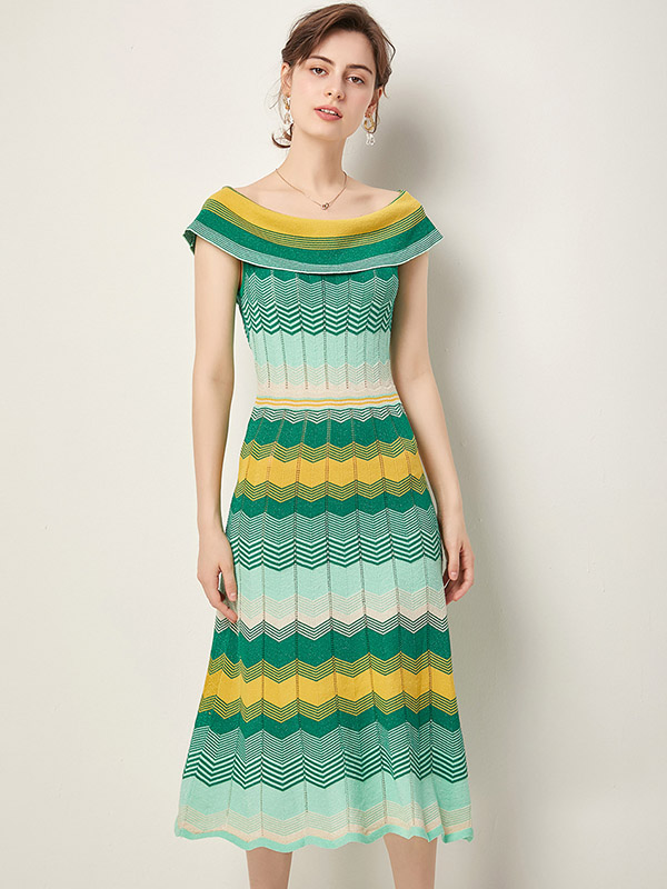 Green Off the Shoulder Striped Maxi Dress with Ruffle Detail