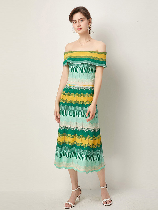 Green Off the Shoulder Striped Maxi Dress with Ruffle Detail