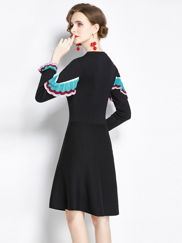 Black Round Neck Knit Dress with Ruffle Detail