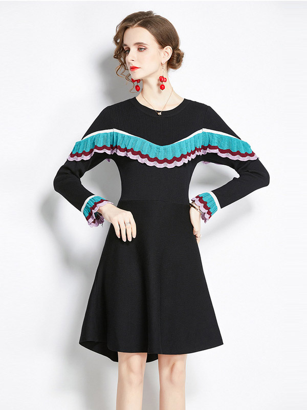 Black Round Neck Knit Dress with Ruffle Detail