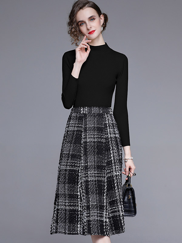 Black Stand Collar Knit Top with Plaid Skirt