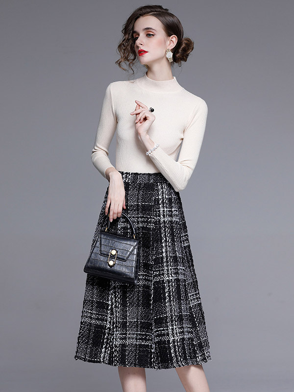 White Stand Collar Knit Top with Plaid Skirt