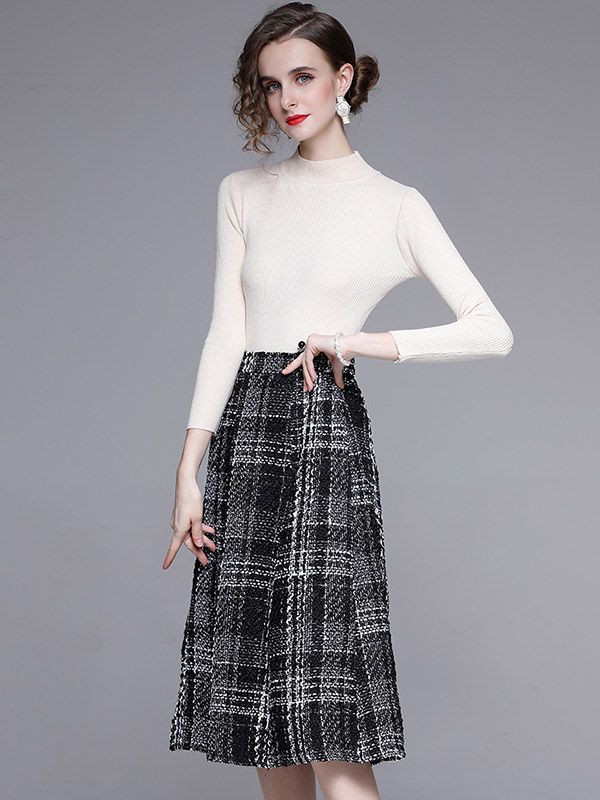 White Stand Collar Knit Top with Plaid Skirt