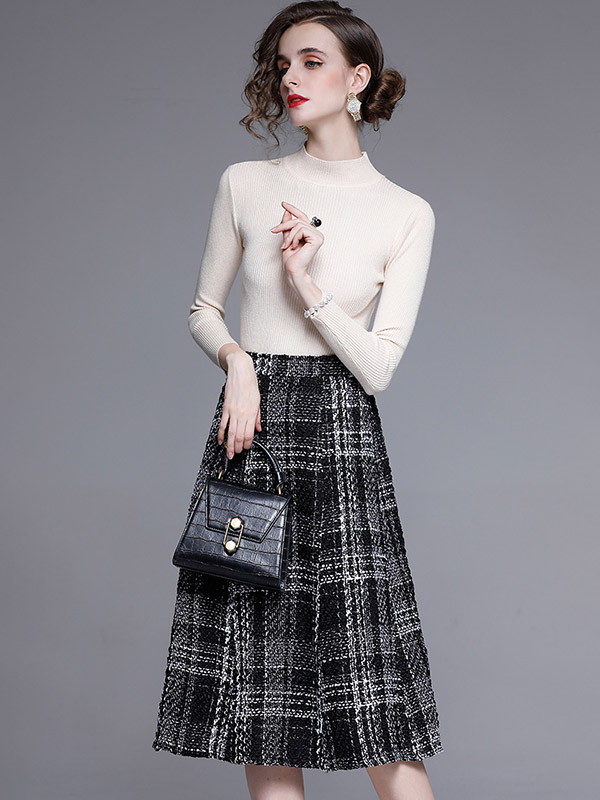 White Stand Collar Knit Top with Plaid Skirt