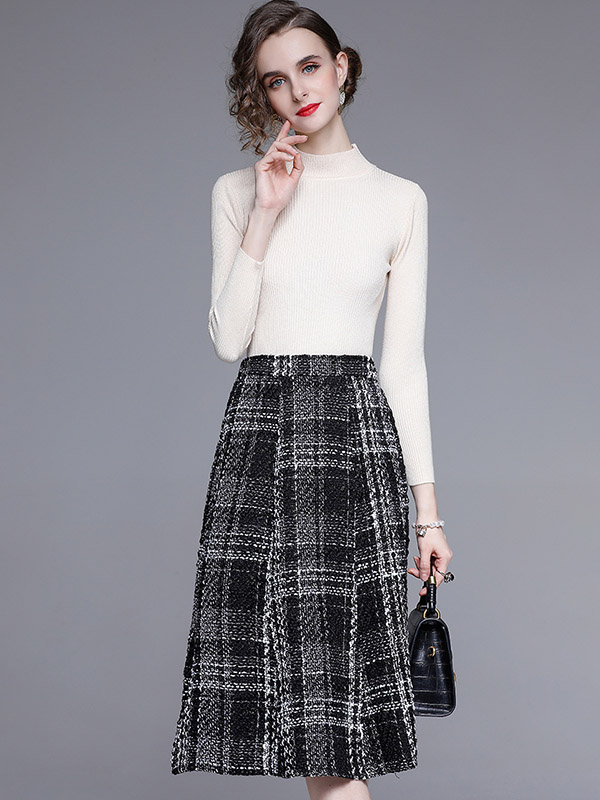 White Stand Collar Knit Top with Plaid Skirt