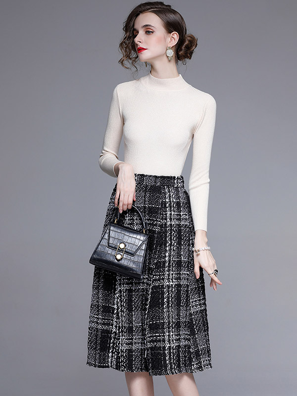 White Stand Collar Knit Top with Plaid Skirt