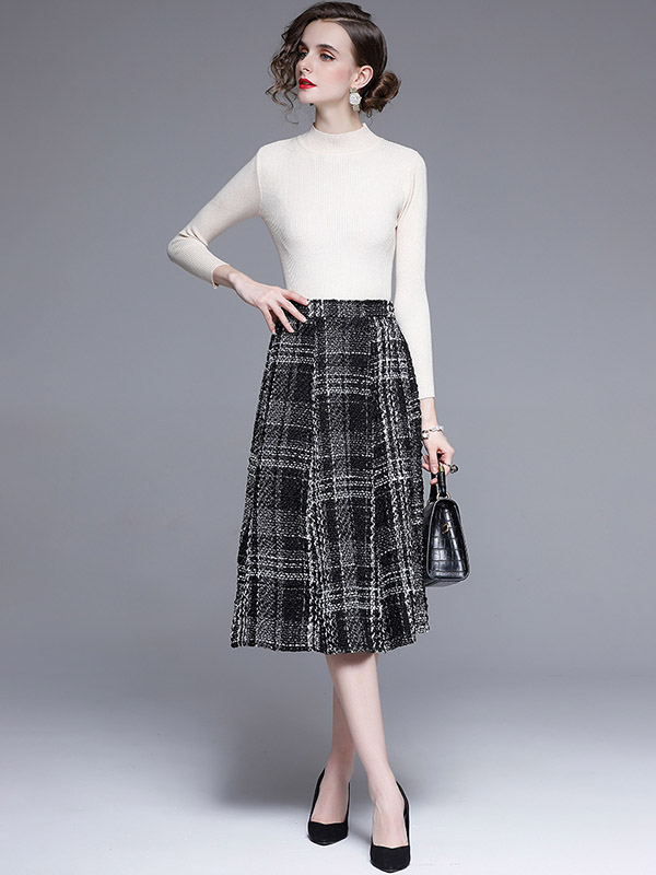 White Stand Collar Knit Top with Plaid Skirt