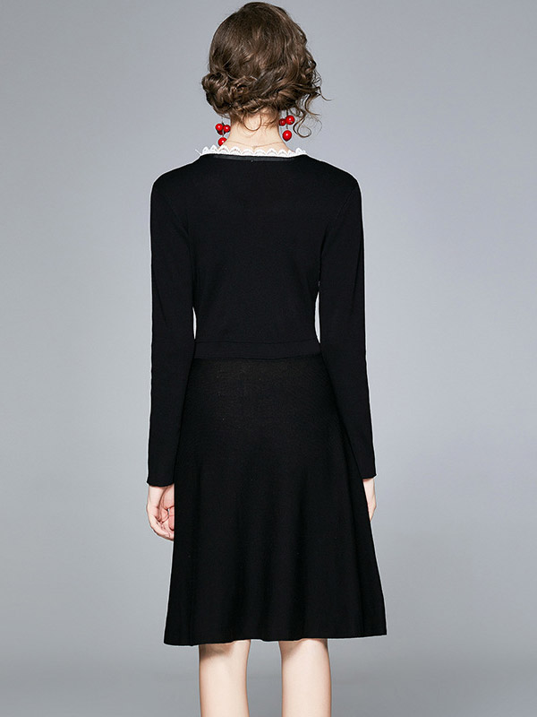 Black Round Neck Knit Dress with Lace Detail