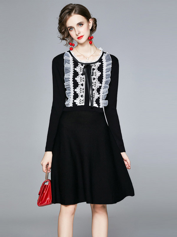 Black Round Neck Knit Dress with Lace Detail