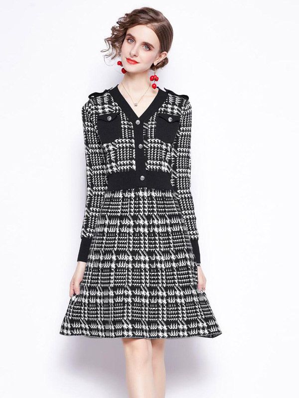 Black Houndstooth Pattern Knit Dress