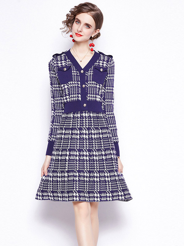 Navy Blue Houndstooth Pattern Knit Dress