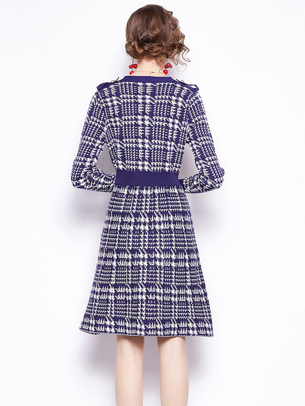 Navy Blue Houndstooth Pattern Knit Dress