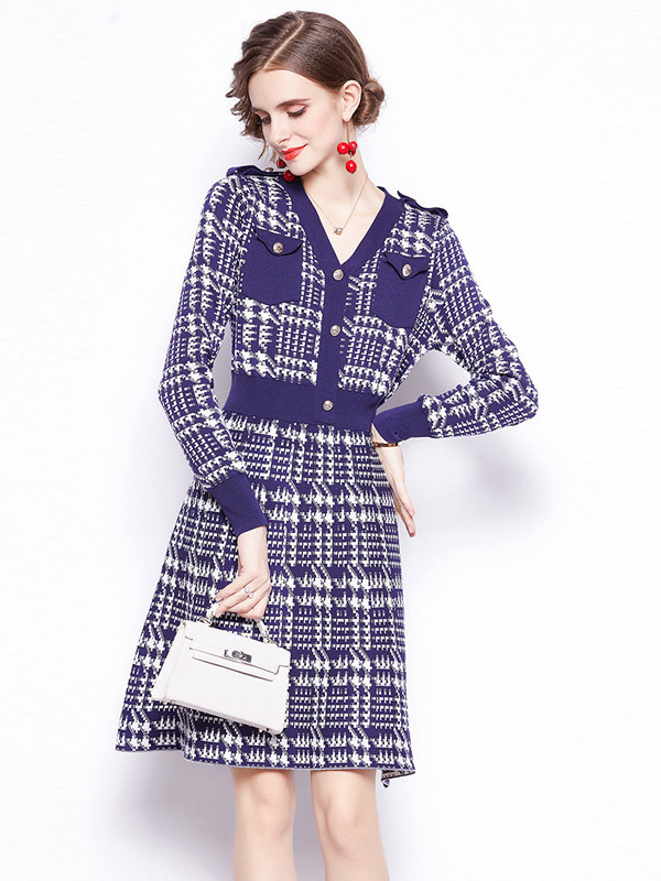 Navy Blue Houndstooth Pattern Knit Dress