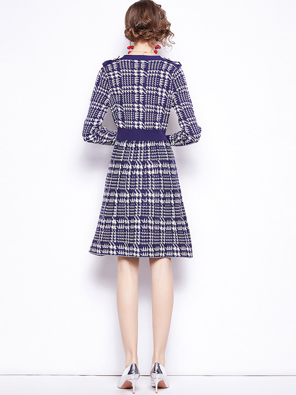 Navy Blue Houndstooth Pattern Knit Dress