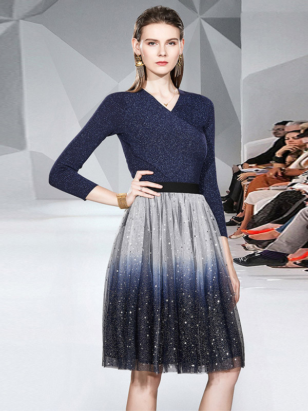 Dark Blue Knit Top with Asymmetric Hem & Sequined Gauze Skirt