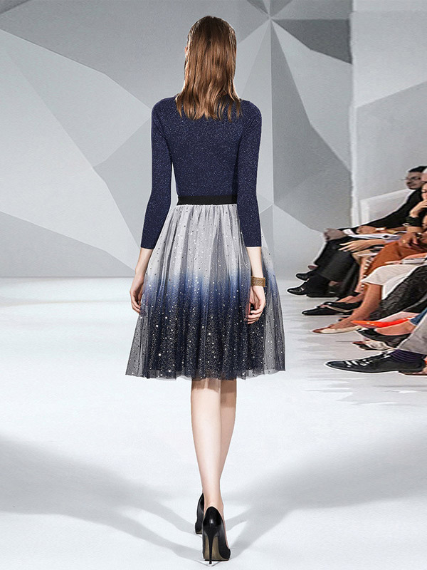 Dark Blue Knit Top with Asymmetric Hem & Sequined Gauze Skirt