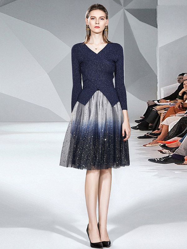 Dark Blue Knit Top with Asymmetric Hem & Sequined Gauze Skirt