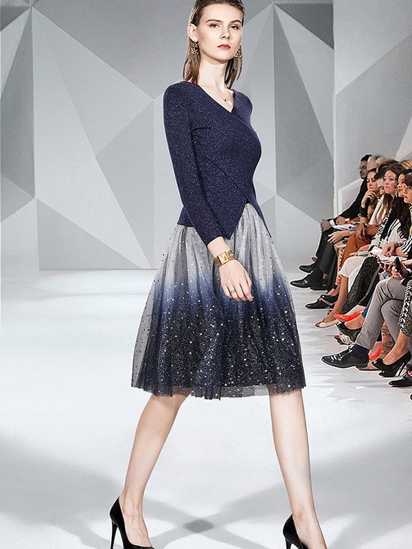 Dark Blue Knit Top with Asymmetric Hem & Sequined Gauze Skirt