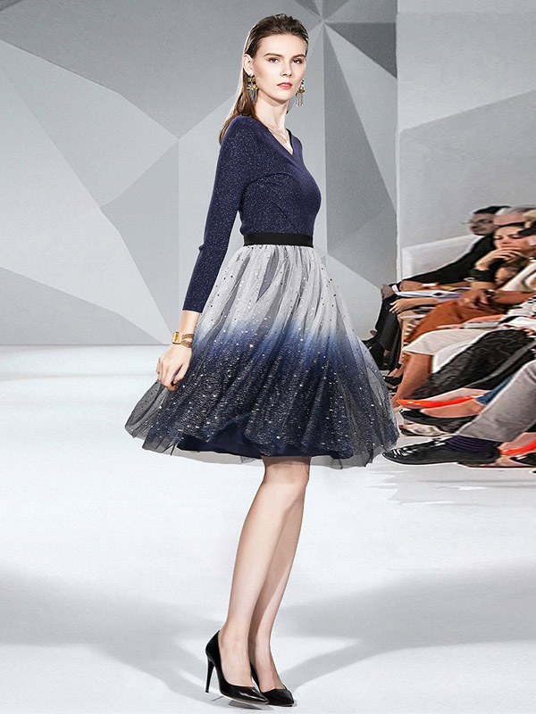 Dark Blue Knit Top with Asymmetric Hem & Sequined Gauze Skirt