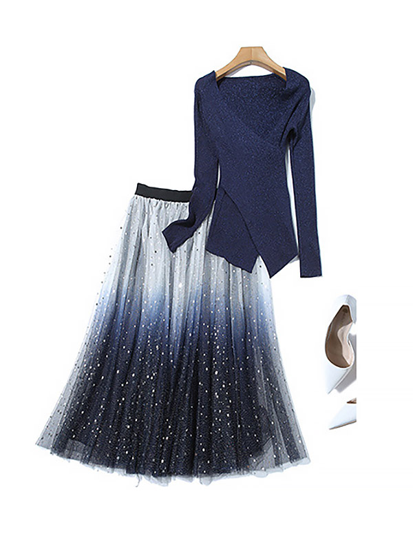 Dark Blue Knit Top with Asymmetric Hem & Sequined Gauze Skirt