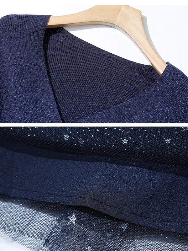 Dark Blue Knit Top with Asymmetric Hem & Sequined Gauze Skirt