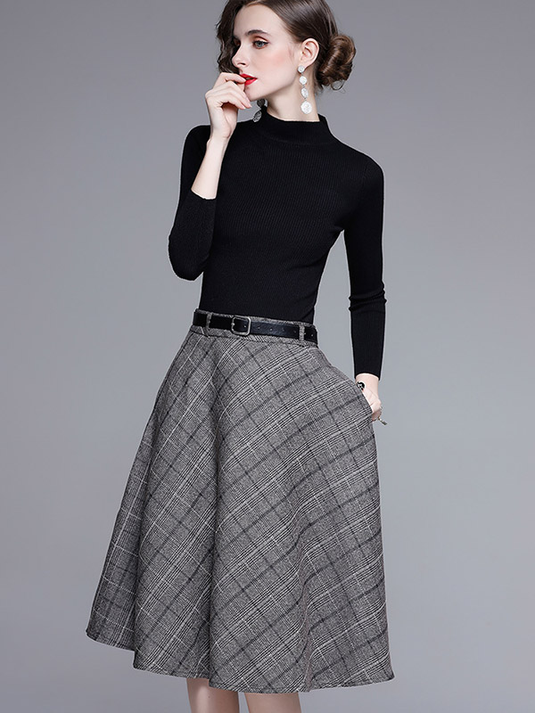 Black Knit Top and Brown Plaid Skirt Set