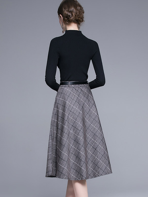 Black Knit Top and Brown Plaid Skirt Set