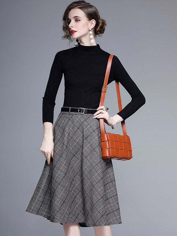 Black Knit Top and Brown Plaid Skirt Set