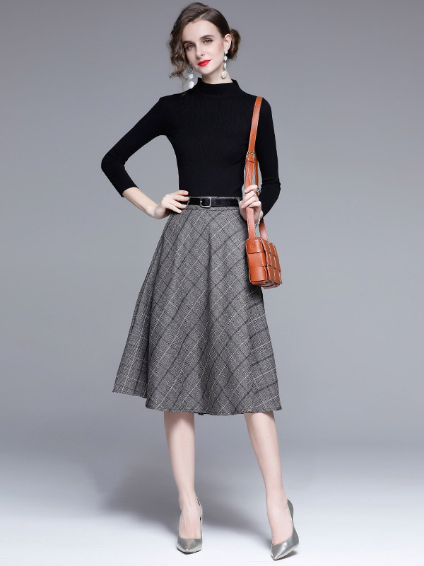 Black Knit Top and Brown Plaid Skirt Set