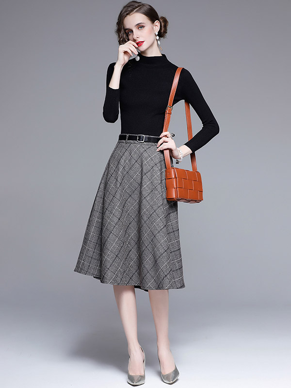 Black Knit Top and Brown Plaid Skirt Set